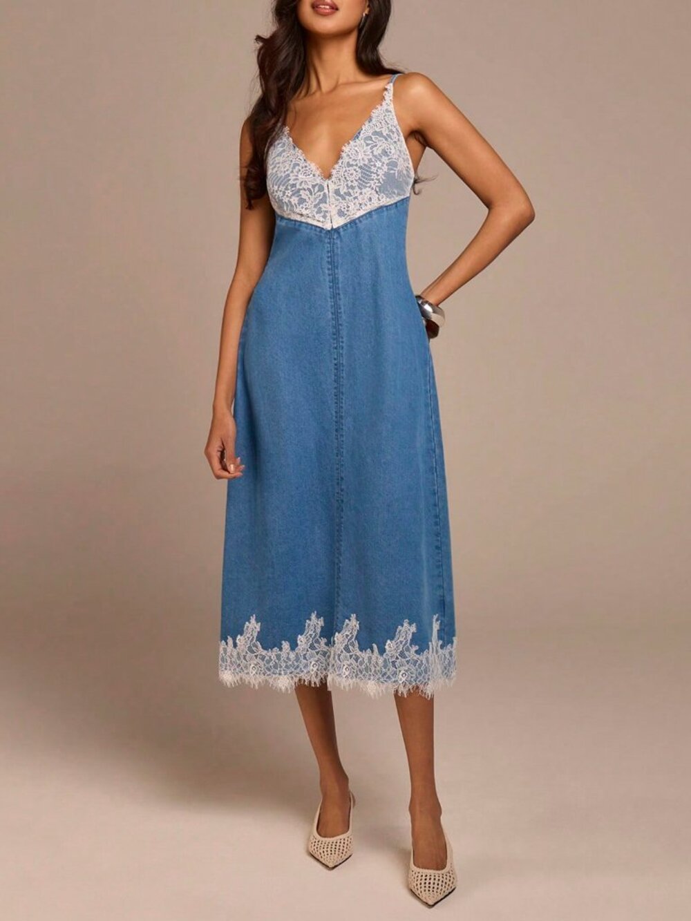 Blue Casual Women's lace detailed Denim midi Dress - Picture 3 of 6